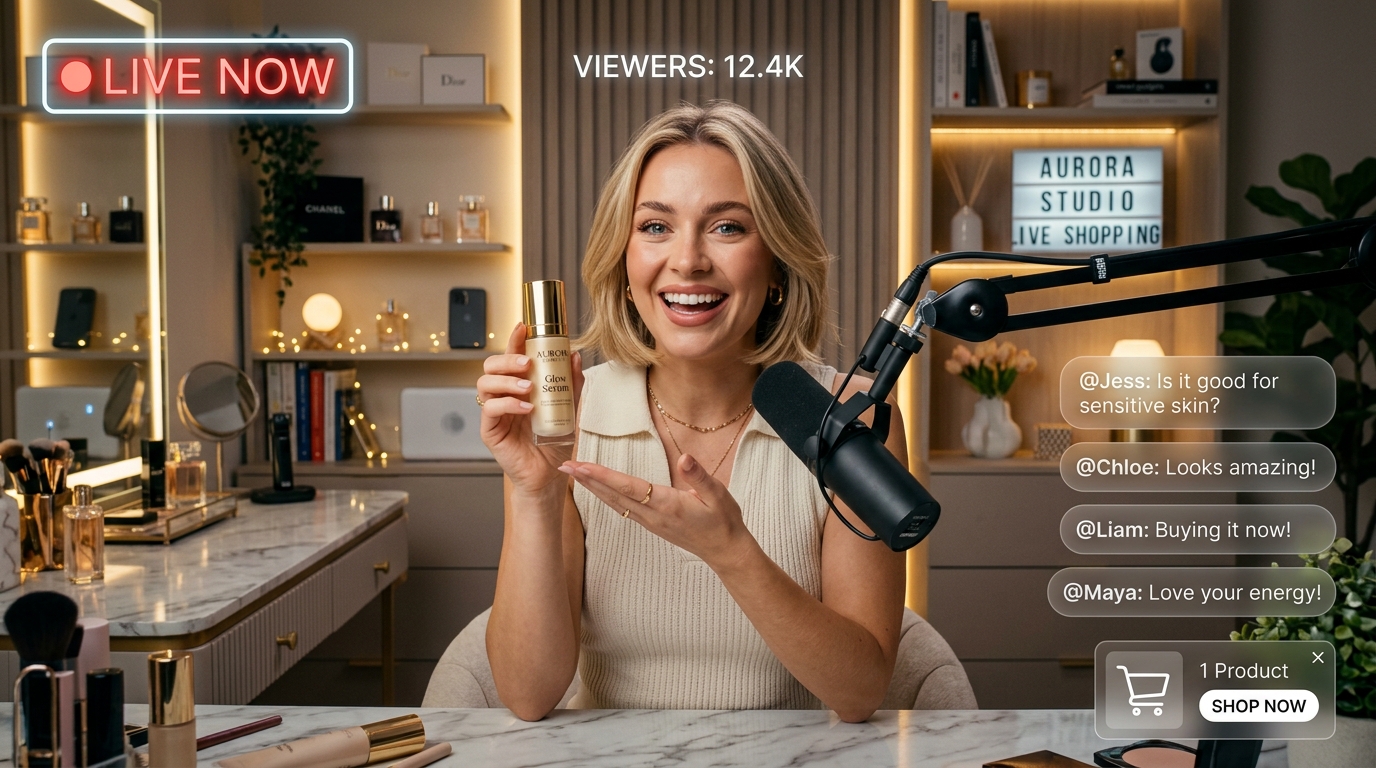 Realistic blonde creator broadcasting live shopping session on dzply. with interactive overlay